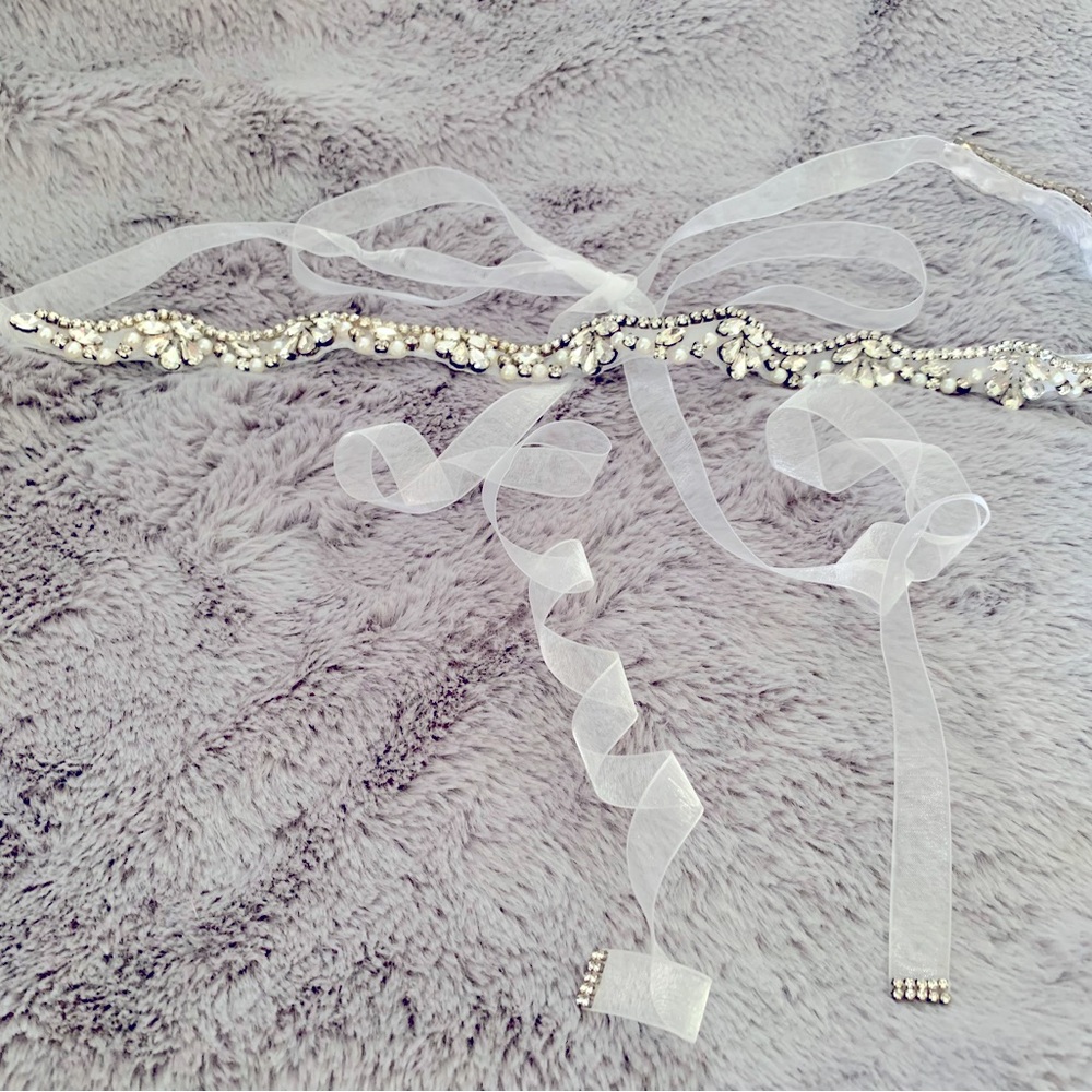 Bridal dress Rhinestone and crystal belt on white ribbon